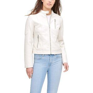 Levi's Women's Leather Motocross Racer Jacket Long Sleeves Front Zipper Oyster